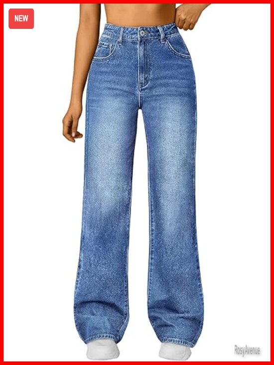 Denim - Women's High Waisted Straight Wide Leg Jeans Comfort Stretch Baggy Denim